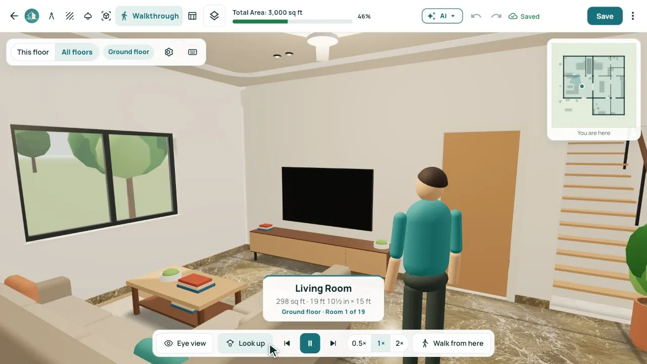 The tour: a person walks into the living room.
