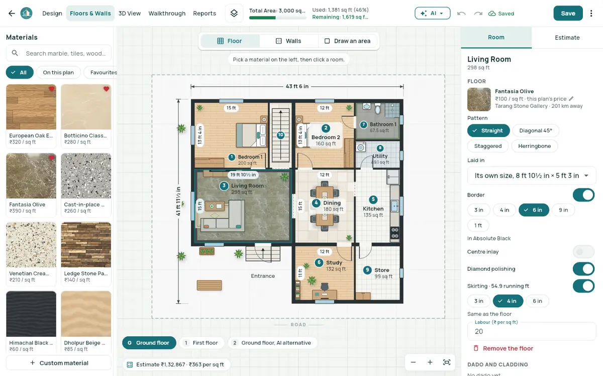 Floors & Walls: lay marble, tiles and wood on your plan