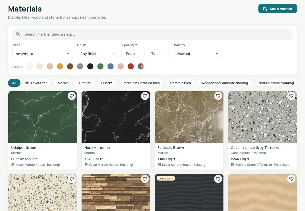 Materials: marble, tiles and stone from shops near your sites